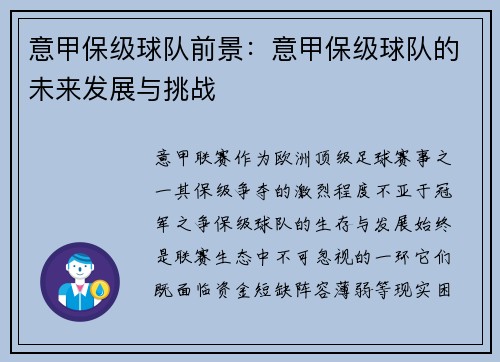 意甲保级球队前景：意甲保级球队的未来发展与挑战